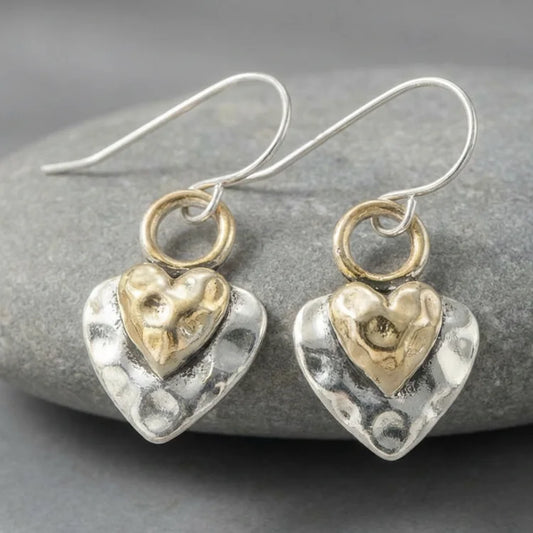 Vintage Hammered Two-Tone Heart Drop Earrings