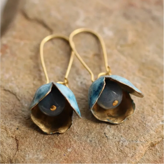 Vintage Brass Blue Cornflower Bluebell Earrings