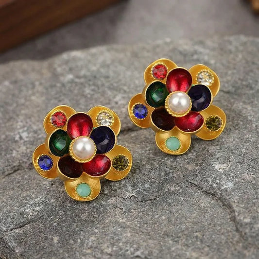 Vintage Multicolor Gem Flower Stud Earrings