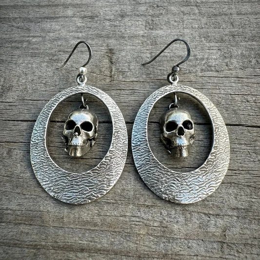 Vintage Silver Calavera Skeleton Hoop Earrings