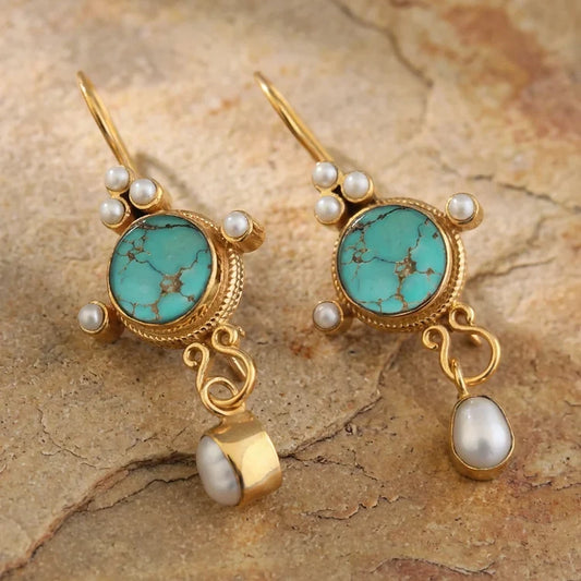 Vintage Gold And Pearl Turquoise Earrings