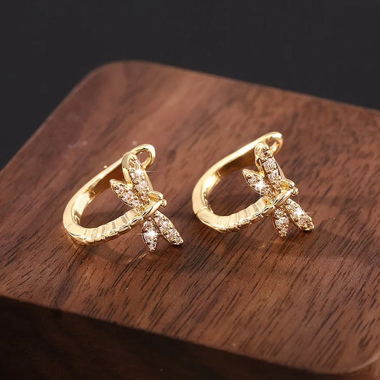 Vintage Round Inlaid Zirconia Dragonfly Earrings