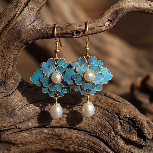 Vintage Blue Lotus Pearl Dangling Earrings