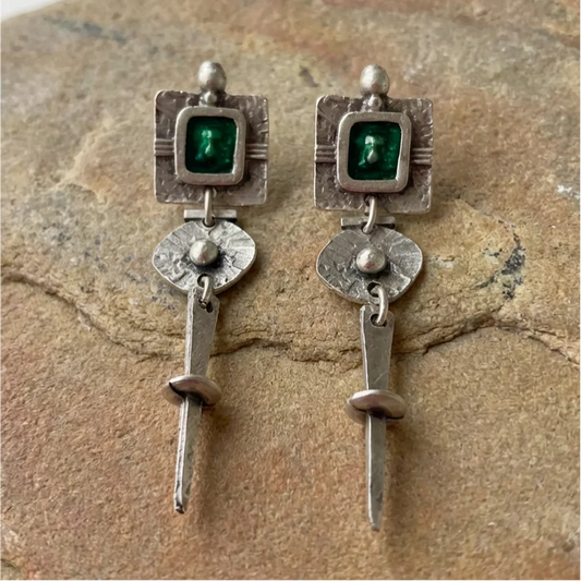 Vintage Bohemian Long Set Green Natural Stone Earrings