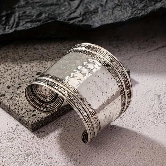 Vintage Boho Hammered Silver Plated Wide Cuff Bracelet