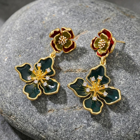 Vintage Enamel Clover Flower Earrings
