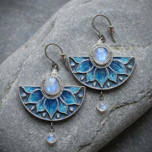 Blue Moonstone Lotus large fan-shaped Earrings