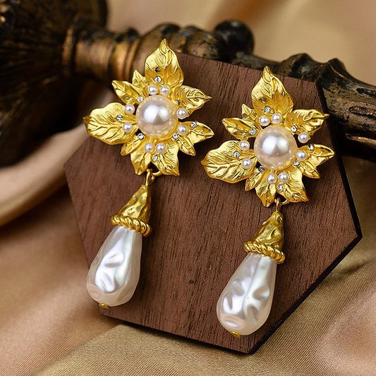 Vintage Baroque Pearl Flower Drop Earrings