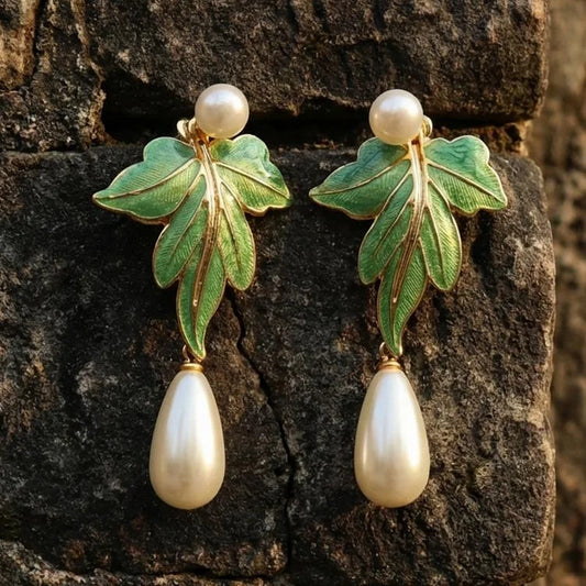 Vintage Green Enamel Leaf Pearl Drop Earrings