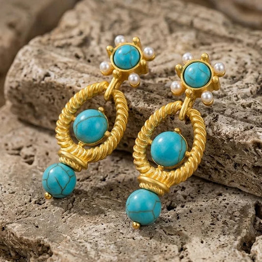 Vintage Turquoise Gold Twist Earrings