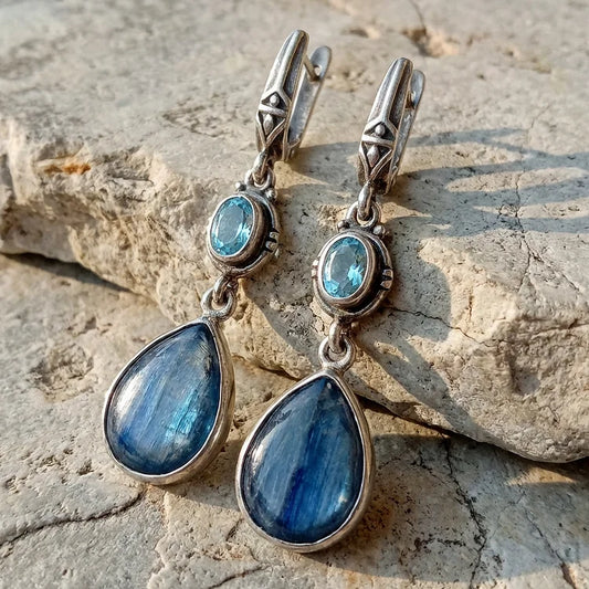 Elegant Silver Earrings with Aquamarine and Banded Blue Gemstones