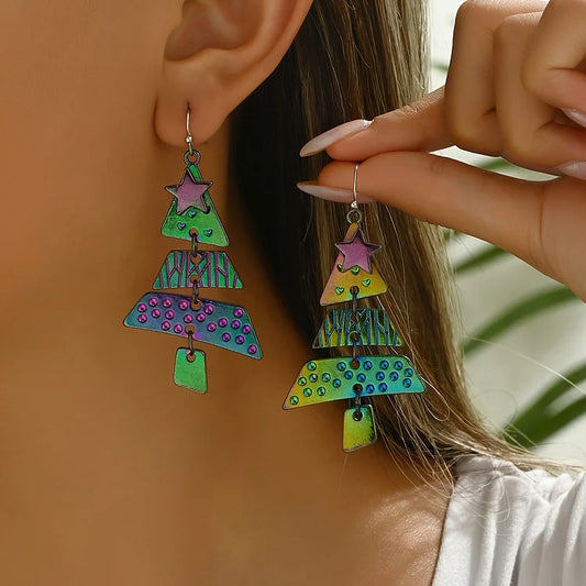 Vintage Colorful Christmas Tree Dangle Earrings