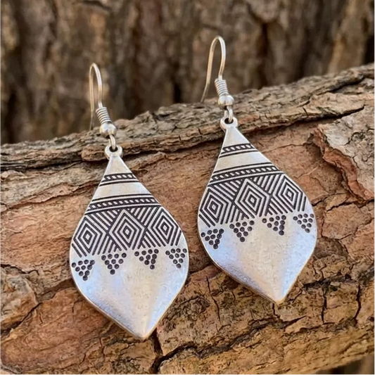 Vintage Bohemian Teardrop Engraved Pattern Silver Earrings