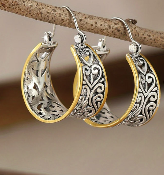 Vintage Two-Tone Hand Carved Bohemian Hoop Earrings