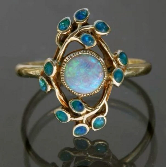 Vintage Floral Design Opal & Blue Crystal Gold Ring