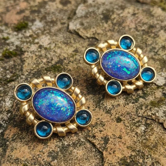 Silver Vintage Opal and Blue Glass Cluster Earrings