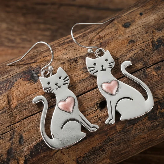 Vintage Cute Cat with Heart Earrings