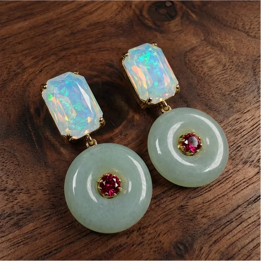 Silver Vintage Jade Donut Moonstone Drop Earrings