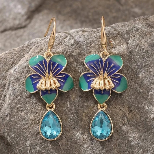 Vintage Enamel Pansy Flower Drop Earrings