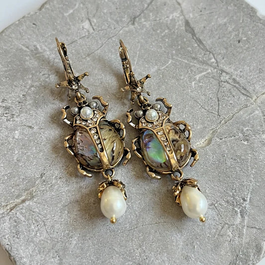 Vintage Freshwater Pearl Insect Dangle Earrings