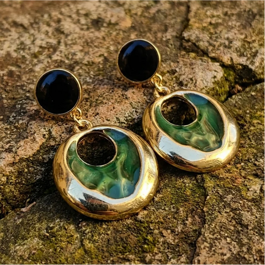 Silver Vintage Black & Green Enamel Drop Earrings