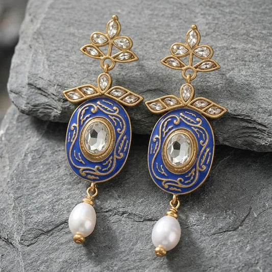 Vintage Royal Blue Enamel Pearl Earrings