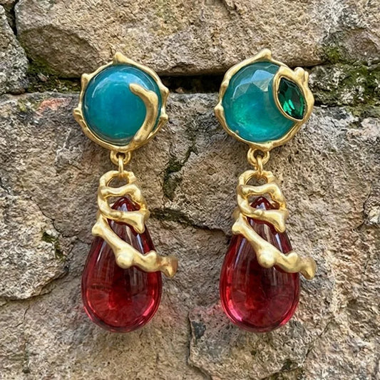 Vintage Artisan Two-Tone Gem Drop Earrings