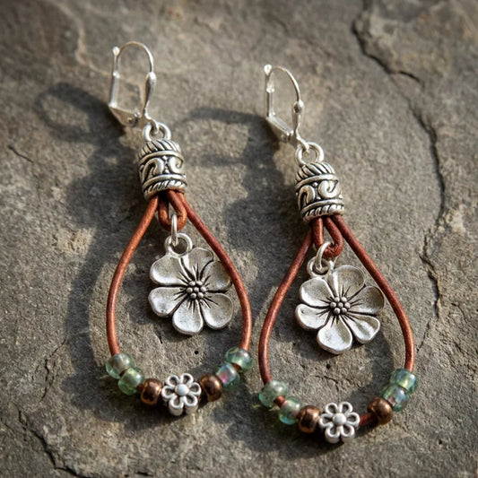 Bohemian Leather Cord Flower Earrings