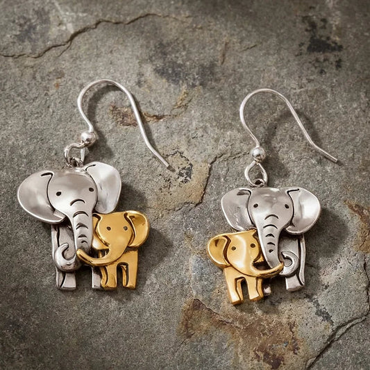Vintage Elephant Mom And Baby Elephant Animal Earrings
