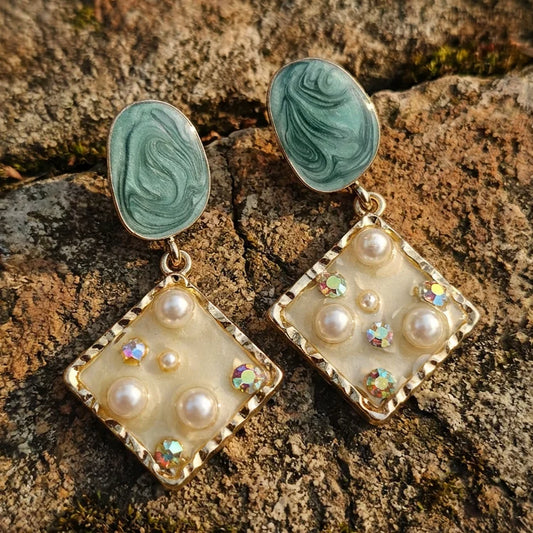Vintage Marquise Marble & Pearl Drop Earrings