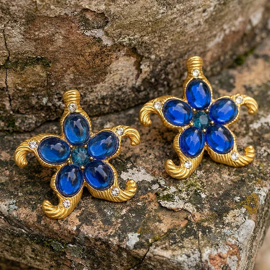 Vintage Starfish Blue Gem Statement Earrings