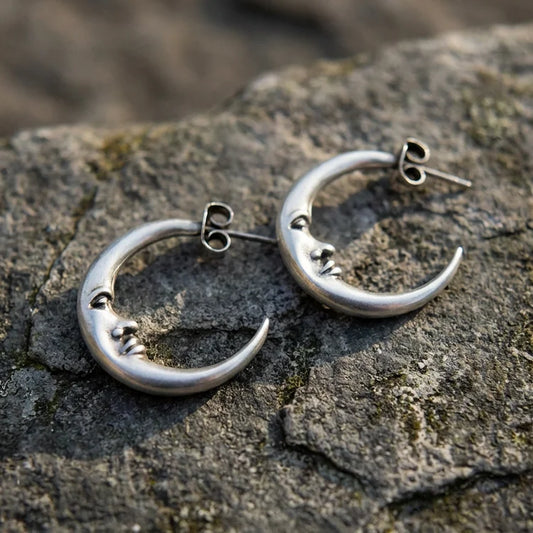 Vintage Antique Silver Engraved Thick MOON Hoop Earrings
