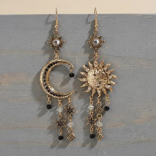 Vintage Sun Moon Design Rhinestone Inlaid Asymmetric Dangle Earrings
