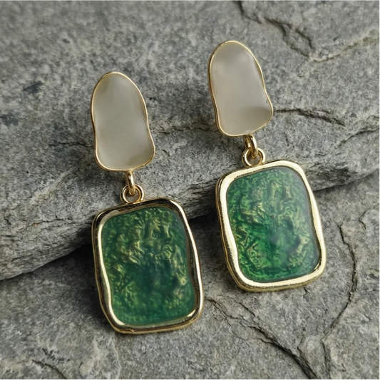 Silver Vintage Green Resin Geometric Drop Earrings