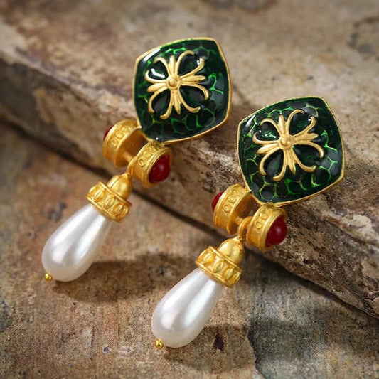 Vintage Emerald Enamel Pearl Drop Earrings