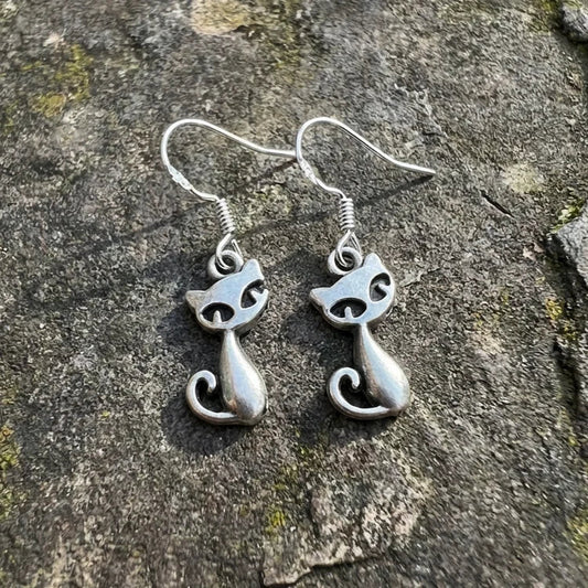 Vintage Tiny Cat Statement Dangle Hoop Earrings