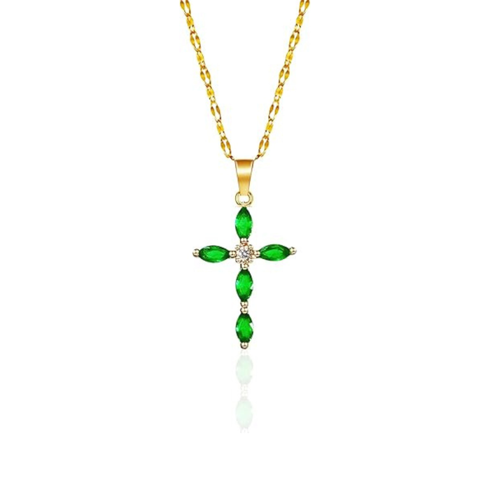 Gold Emerald Marquise Cross Necklace